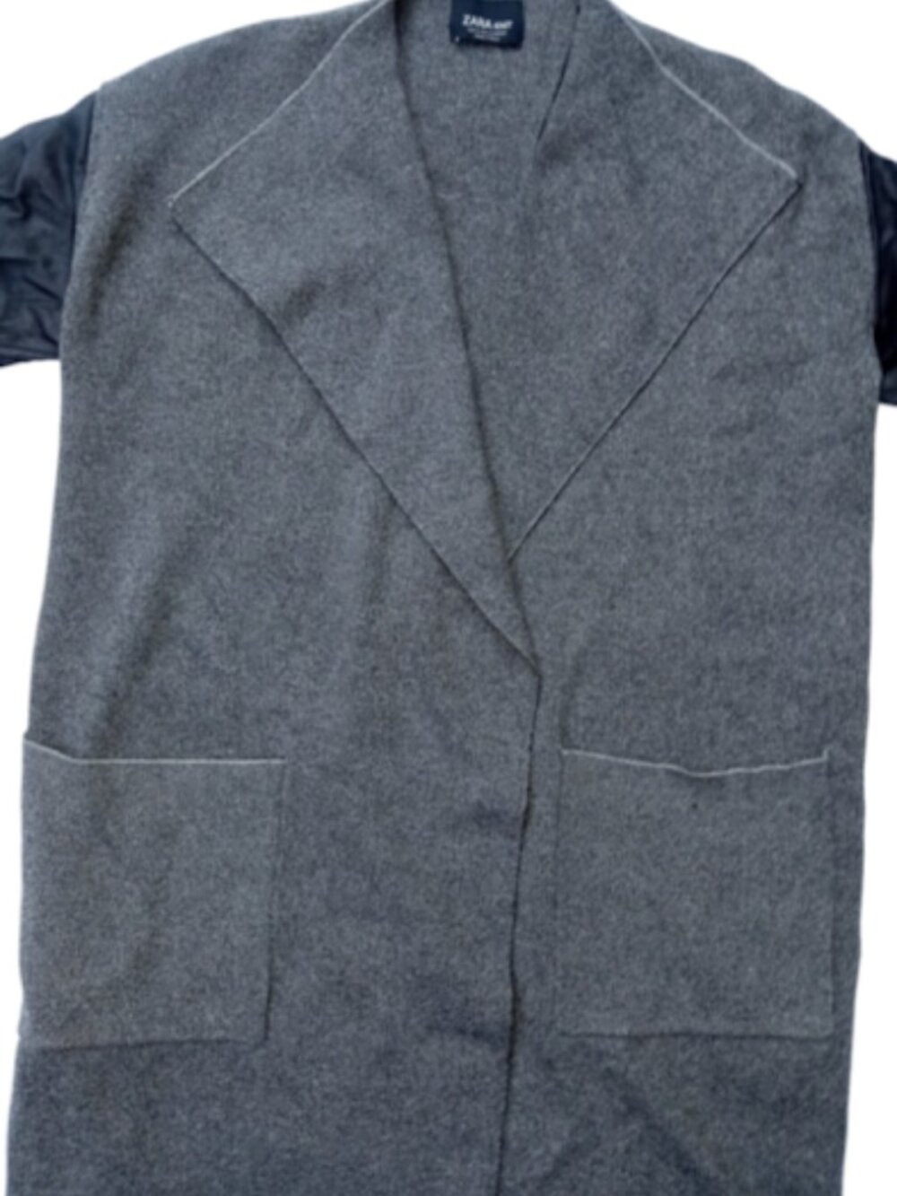 ZARA Knit Long Sweater Coat Pleather Sleeves S